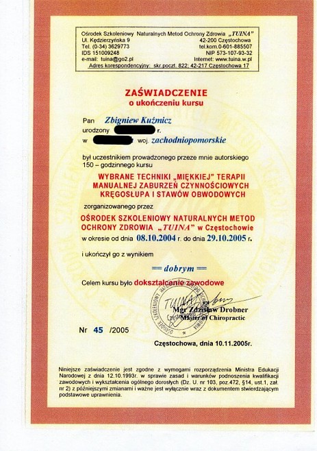 Kurs masażu „Wybrane Techniki Miękkiej Terapi Manualnej Zaburzeń Czynnościowych Kręgosłupa i Stawów Obwodowych”