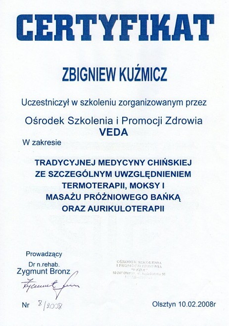 Kurs Tradycyjnej Medycyny Chińskiej Ze Szczególnym Uwzględnieniem Termoterapii, Moksy i Masażu Próżniowego Bańką oraz Aurikuloterapii