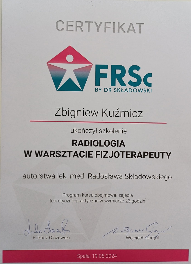 Certyfikat - Radiologia w warsztacie fizjoterapeuty