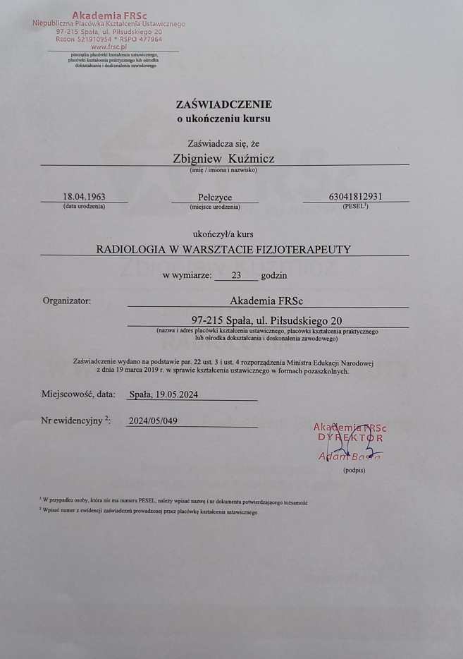 Certyfikat - Radiologia w warsztacie fizjoterapeuty