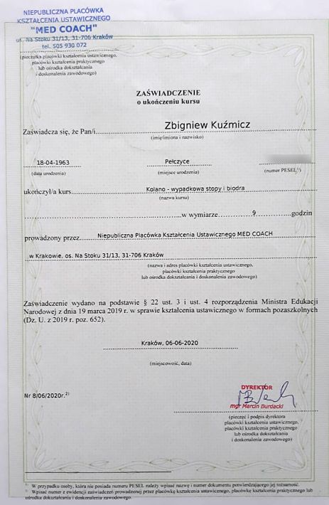 Certyfikat - Kolano - wypadkowa stopy i biodra