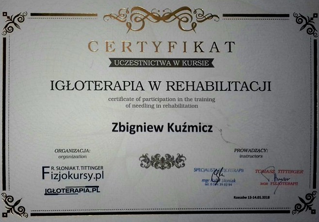 Certyfikat igłoterapia w rehabilitacji