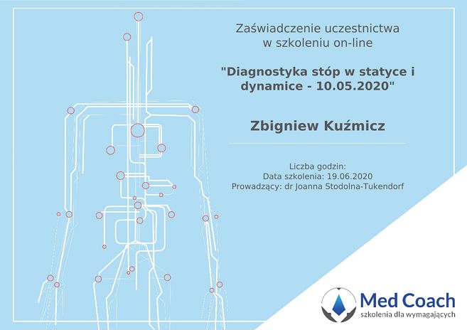 Certyfikat - Diagnostyka stóp w statyce i dynamice - 10.05.2020.