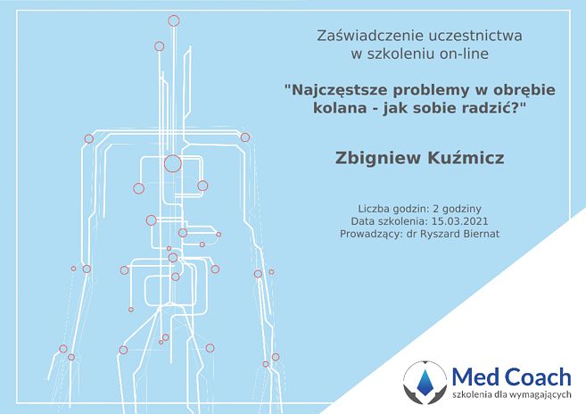 Certyfikat - Najczęstrze problemy w obrębie kolana - jak sobie radzić?