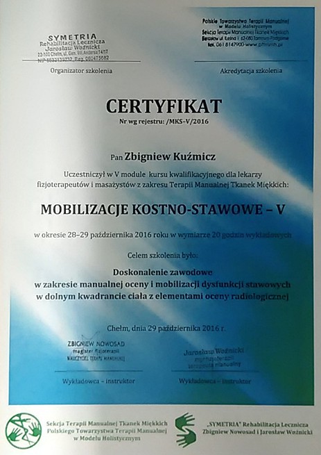 Certyfikat mobilizacje kostno-stawowe - V