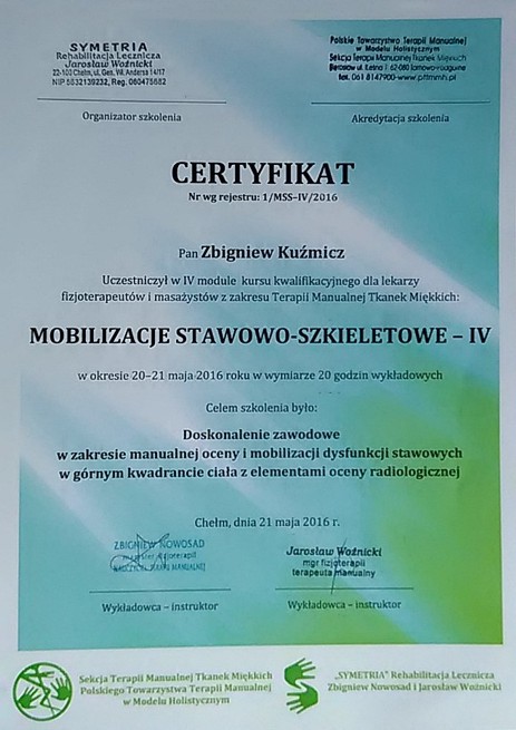 Certyfikat mobilizacje tkanek miękkich - IV