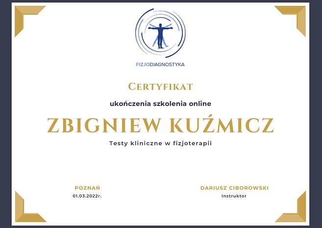 Certyfikat - Testy kliniczne w fizjoterapii
