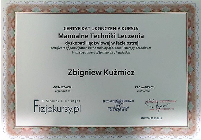 Certyfikat Manualne Techniki Leczenia dyskopatii lędźwiowej w fazie ostrej