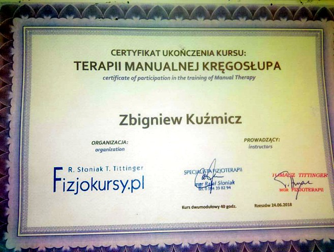 Certyfikat terapia manualna kręgosłupa